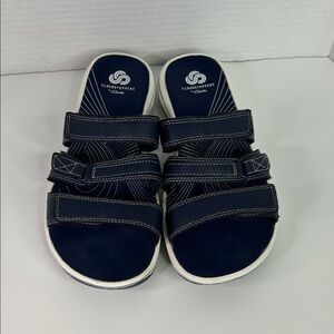 Clarks Cloudsteppers Brinkley Coast Slide Sandals Navy Women’s Size 8 Cushion